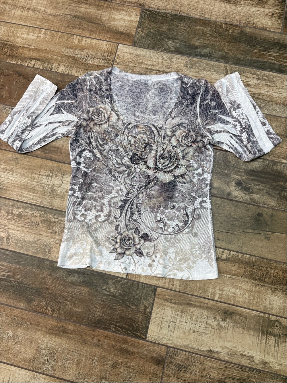 Cache Taupe and Cream Floral Scoop Neck Short Sleeve Top